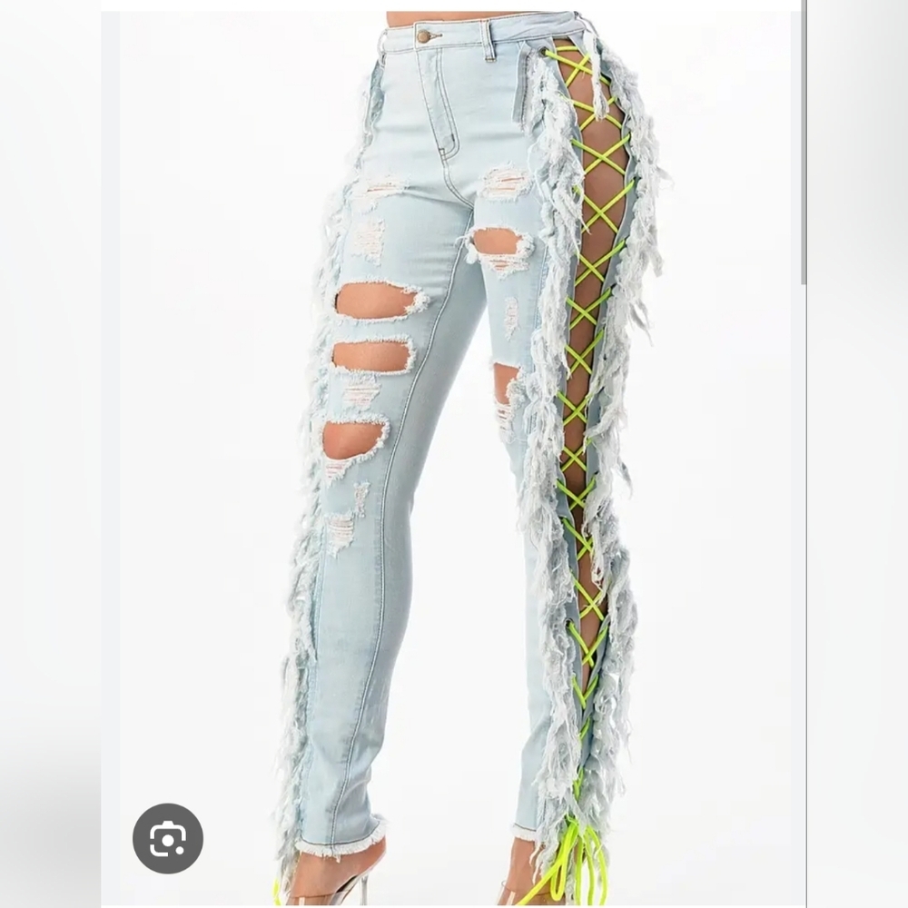 NWT Light Colored Distressed Fringe Jeans with Neon Accents Size XL